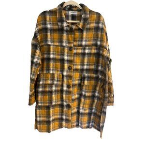 Carly Jean Mustard Yellow&gray Flannel Shacket Women’s Sz M Fringe Hem
